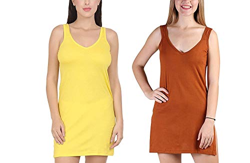 BLAZON Women's Cotton Hosiery Selfie Midi Slip Combo Pack of 2 (Available Sizes: XS, S, M, L, XL, 2XL, 3XL, 4XL, 5XL) - Yellow, Brandy