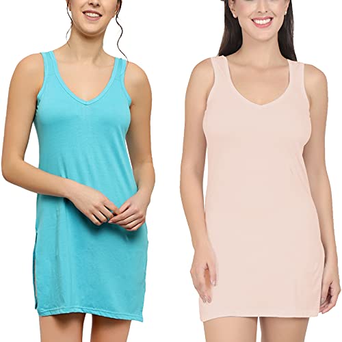 BLAZON Women's Cotton Hosiery Selfie Midi Slip Combo Pack of 2 (Available Sizes: XS, S, M, L, XL, 2XL, 3XL, 4XL, 5XL) - Turquoise, Peach