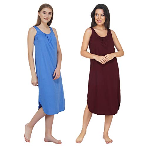 BLAZON Women's Cotton Hosiery Solid Maxi Nighty Slip (Pack of 2) Available Sizes: S, M, L, XL, 2XL, 3XL, 4XL, 5XL - Azure Blue, Tamarind