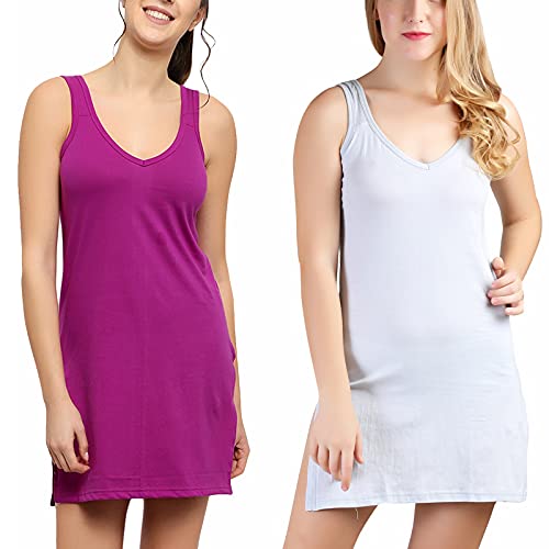 BLAZON Women's Cotton Hosiery Selfie Midi Slip Combo Pack of 2 (Available Sizes: XS, S, M, L, XL, 2XL, 3XL, 4XL, 5XL) - Vivid Violet, Blueberry Frost