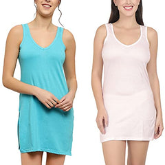 BLAZON Women's Cotton Hosiery Selfie Midi Slip Combo Pack of 2 (Available Sizes: XS, S, M, L, XL, 2XL, 3XL, 4XL, 5XL) - Turquoise, Baby Pink