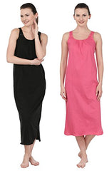 BLAZON Women's Cotton Nighty Slip - Set of 2 (Black & Dark Pink)