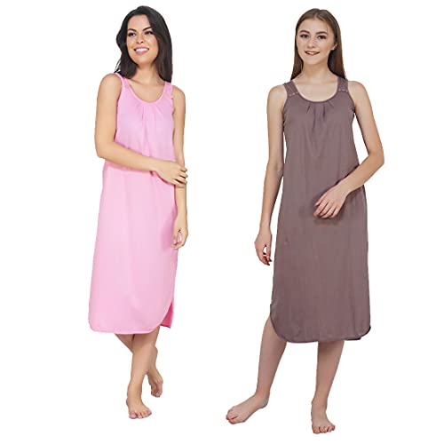 BLAZON Women's Cotton Hosiery Solid Maxi Nighty Slip (Pack of 2) Available Sizes: S, M, L, XL, 2XL, 3XL, 4XL, 5XL - Brownish Grey, Pink