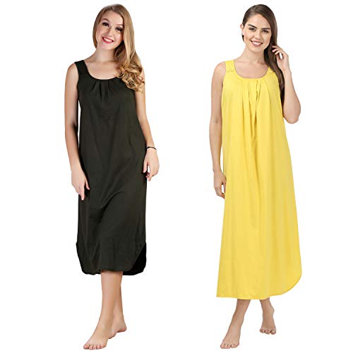 BLAZON Women's Cotton Hosiery Solid Maxi Nighty Slip (Pack of 2) Available Sizes: S, M, L, XL, 2XL, 3XL, 4XL, 5XL - Martini Olive, Yellow