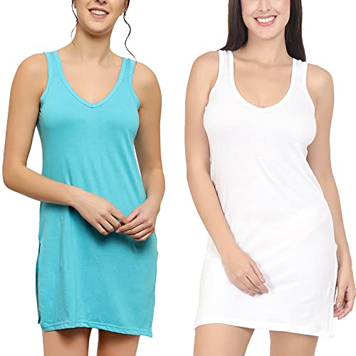 BLAZON Women's Cotton Hosiery Selfie Midi Slip Combo Pack of 2 (Available Sizes: XS, S, M, L, XL, 2XL, 3XL, 4XL, 5XL) - Turquoise, White