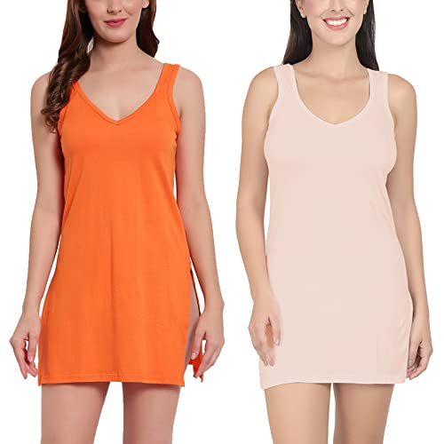 BLAZON Women's Cotton Hosiery Selfie Midi Slip Combo Pack of 2 (Available Sizes: XS, S, M, L, XL, 2XL, 3XL, 4XL, 5XL) - Orchard, Peach