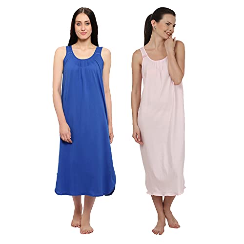 BLAZON Women's Cotton Hosiery Solid Maxi Nighty Slip (Pack of 2) Available Sizes: S, M, L, XL, 2XL, 3XL, 4XL, 5XL - Sapphire Blue, Baby Pink