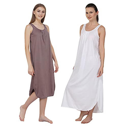 BLAZON Women's Cotton Hosiery Solid Maxi Nighty Slip (Pack of 2) Available Sizes: S, M, L, XL, 2XL, 3XL, 4XL, 5XL - Brownish Grey, White