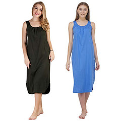 BLAZON Women's Cotton Hosiery Solid Maxi Nighty Slip (Pack of 2) Available Sizes: S, M, L, XL, 2XL, 3XL, 4XL, 5XL - Martini Olive, Azure Blue