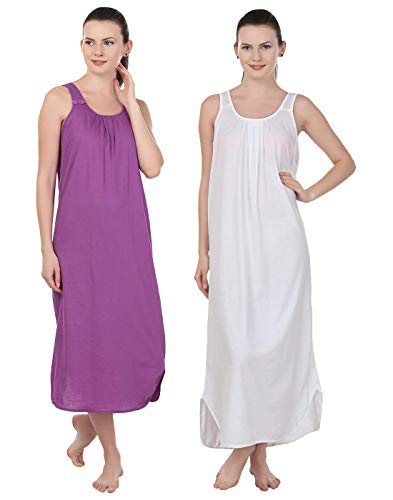 BLAZON Women's Cotton Nighty Slip - Set of 2 (Purple & White)