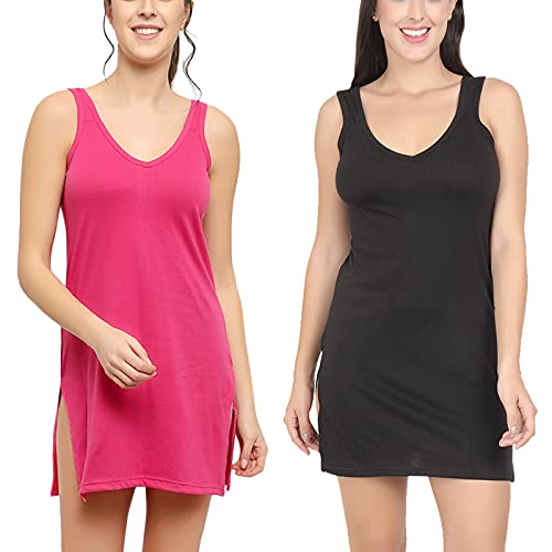 BLAZON Women's Cotton Hosiery Selfie Midi Slip Combo Pack of 2 (Available Sizes: XS, S, M, L, XL, 2XL, 3XL, 4XL, 5XL) - Dark Pink, Black