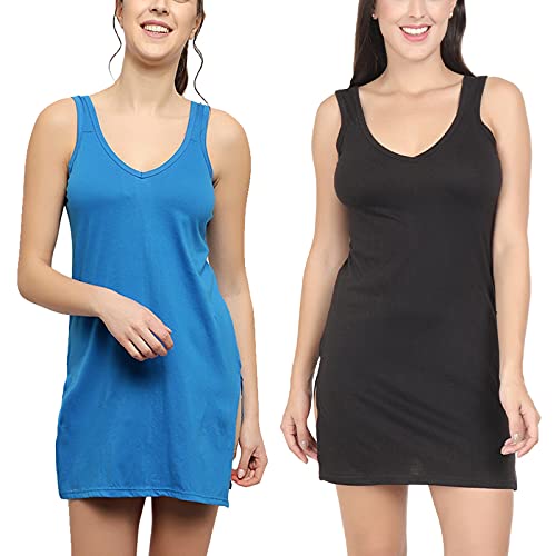 BLAZON Women's Cotton Hosiery Selfie Midi Slip Combo Pack of 2 (Available Sizes: XS, S, M, L, XL, 2XL, 3XL, 4XL, 5XL) - Royal Blue, Black