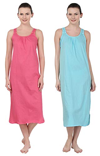 BLAZON Women's Cotton Nighty Slip - Set of 2 (Dark Pink & Turquoise)
