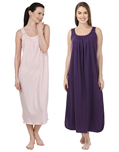 BLAZON Women's Cotton Nighty Slip - Set of 2 (Baby Pink & Blueviolet)