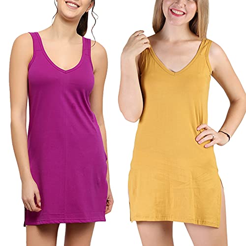 BLAZON Women's Cotton Hosiery Selfie Midi Slip Combo Pack of 2 (Available Sizes: XS, S, M, L, XL, 2XL, 3XL, 4XL, 5XL) - Vivid Violet, Whiskey