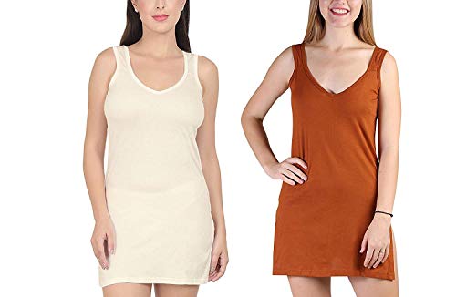 BLAZON Women's Cotton Hosiery Selfie Midi Slip Combo Pack of 2 (Available Sizes: XS, S, M, L, XL, 2XL, 3XL, 4XL, 5XL) - Off White, Brandy