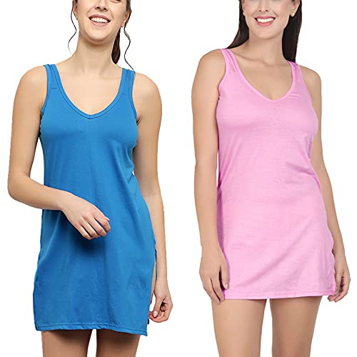 BLAZON Women's Cotton Hosiery Selfie Midi Slip Combo Pack of 2 (Available Sizes: XS, S, M, L, XL, 2XL, 3XL, 4XL, 5XL) - Royal Blue, Pink