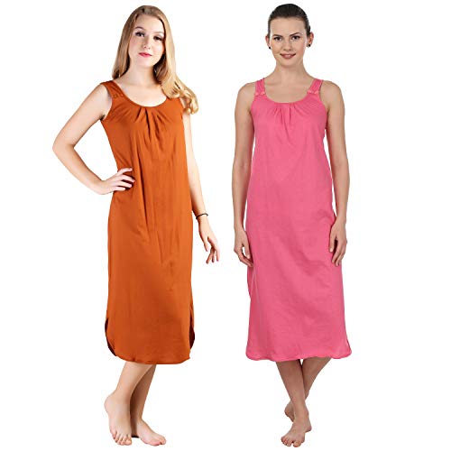 BLAZON Women's Cotton Hosiery Solid Maxi Nighty Slip (Pack of 2) Available Sizes: S, M, L, XL, 2XL, 3XL, 4XL, 5XL - Brandy, Dark Pink