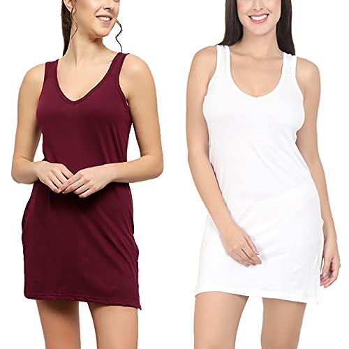 BLAZON Women's Cotton Hosiery Selfie Midi Slip Combo Pack of 2 (Available Sizes: XS, S, M, L, XL, 2XL, 3XL, 4XL, 5XL) - Tamarind, White