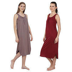 BLAZON Women's Cotton Hosiery Solid Maxi Nighty Slip (Pack of 2) Available Sizes: S, M, L, XL, 2XL, 3XL, 4XL, 5XL - Brownish Grey, Maroon