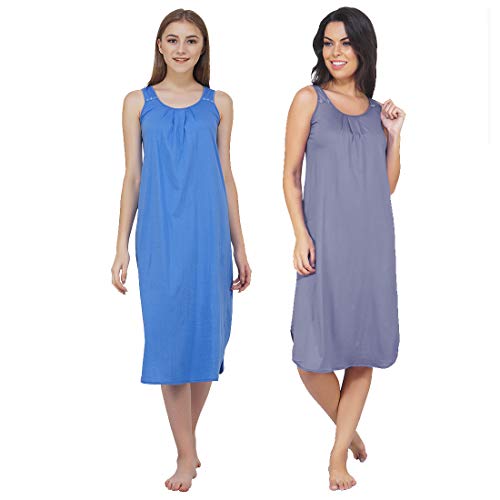 BLAZON Women's Cotton Hosiery Solid Maxi Nighty Slip (Pack of 2) Available Sizes: S, M, L, XL, 2XL, 3XL, 4XL, 5XL - Azure Blue, Lavender