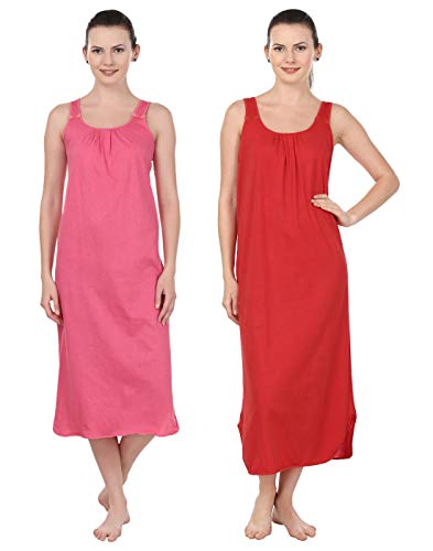 BLAZON Women's Cotton Nighty Slip - Set of 2 (Dark Pink & Red)