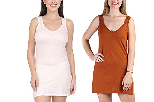 BLAZON Women's Cotton Hosiery Selfie Midi Slip Combo Pack of 2 (Available Sizes: XS, S, M, L, XL, 2XL, 3XL, 4XL, 5XL) - Baby Pink, Brandy