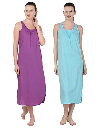 BLAZON Women's Cotton Nighty Slip - Set of 2 (Purple & Turquoise)