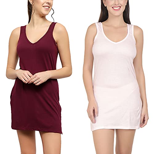 BLAZON Women's Cotton Hosiery Selfie Midi Slip Combo Pack of 2 (Available Sizes: XS, S, M, L, XL, 2XL, 3XL, 4XL, 5XL) - Tamarind, Baby Pink