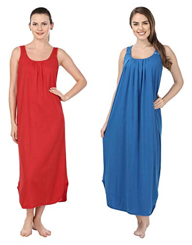 BLAZON Women's Cotton Hosiery Solid Maxi Nighty Slip (Pack of 2) Available Sizes: S, M, L, XL, 2XL, 3XL, 4XL, 5XL - Red, Royal Blue