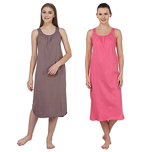 BLAZON Women's Cotton Hosiery Solid Maxi Nighty Slip (Pack of 2) Available Sizes: S, M, L, XL, 2XL, 3XL, 4XL, 5XL - Brownish Grey, Dark Pink