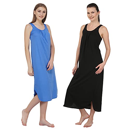 BLAZON Women's Cotton Hosiery Solid Maxi Nighty Slip (Pack of 2) Available Sizes: S, M, L, XL, 2XL, 3XL, 4XL, 5XL - Azure Blue, Black