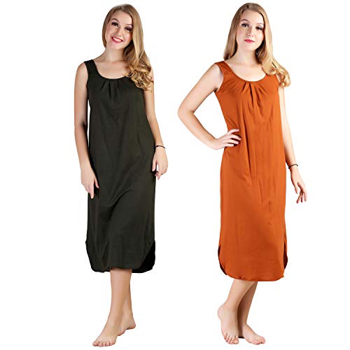 BLAZON Women's Cotton Hosiery Solid Maxi Nighty Slip (Pack of 2) Available Sizes: S, M, L, XL, 2XL, 3XL, 4XL, 5XL - Martini Olive, Brandy